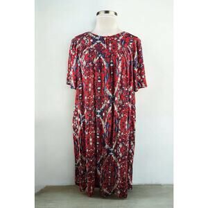 Go Softly Patio Button Front Lightweight Dress Muu Muu Red Pockets Semi Sheer 1X